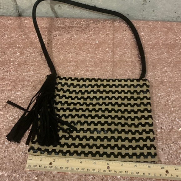 Vintage Reva Black and Tan Fabric Purse With Black Suede Strap and Tassel - Picture 3 of 5